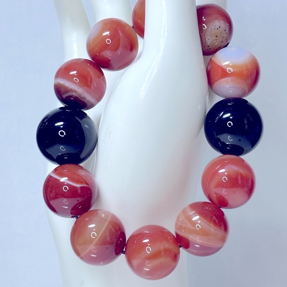 ORANGE SARDONYX + BLACK ONYX NATURAL STONES BRACELET size 7” - Picture 3 of 15